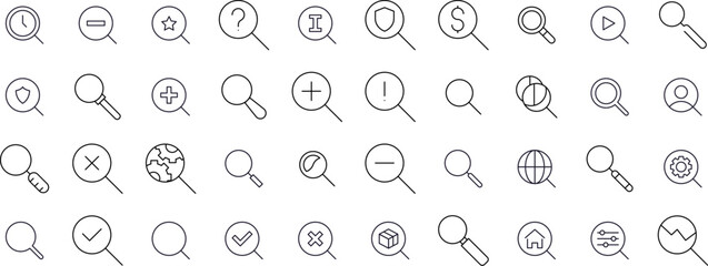 Magnifying Glass Line Icon Collection. Outline Signs for Graphic and Web Design, Apps, Adverts, Various Cards
