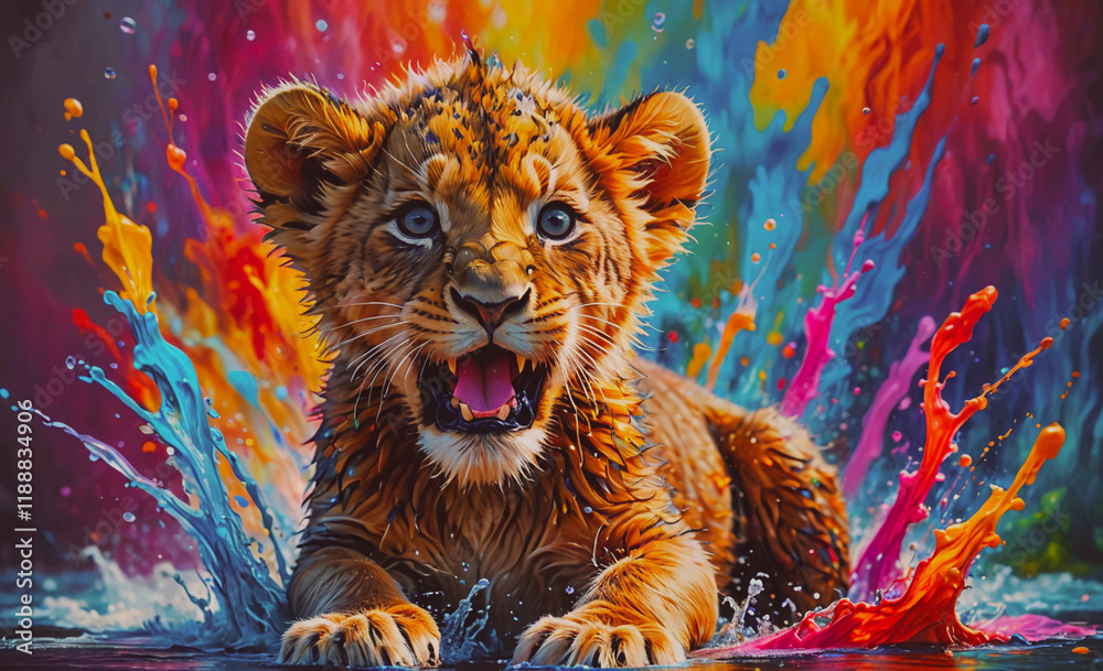 Poster young tiger cub is lying in a pool of water, surrounded by colorful splashes. the water appears to b