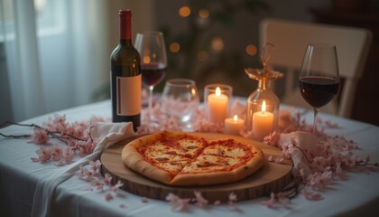 Pepperoni pizza with wine and floral decor on table.