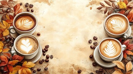 Delicious coffee served in two cups with natural leaves and coffee beans for a rich flavor experience