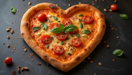  Heart-shaped pizza with cherry tomatoes on wooden board.