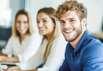 Fototapeta premium A group of three young professionals smiling while working together at a desk, showcasing a collaborative and positive work environment.