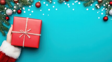 Fototapeta premium Christmas Gift: Festive Red Present with Winter Decorations