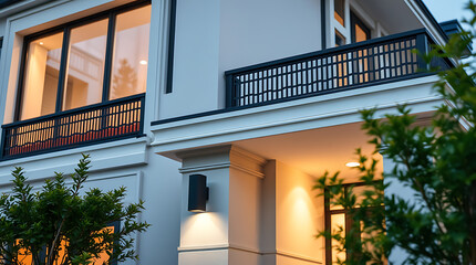 Luxury Modern House Exterior at Night. Elegant Home Design, Real Estate, Architecture, Contemporary Building, Residential Property