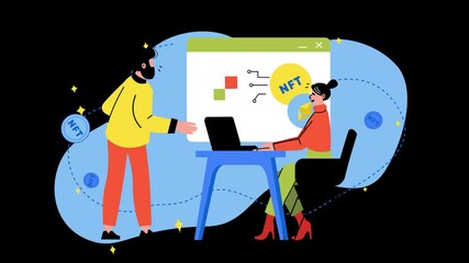 A diverse team discussing NFTs with a laptop presentation in a colorful animated style. - Powered by Adobe