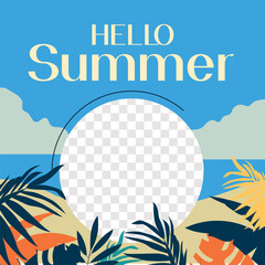 Summer holiday greetings vector with travel bag umbrella swimming circle tropical leaves celebration © AHDAFF