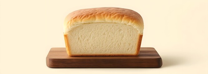 A clean, fresh loaf of bread placed on a wooden board with a solid, light color background
