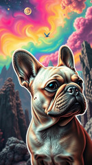 Obraz premium French Bulldog in a vibrant, surreal landscape. A whimsical digital art piece featuring a charming canine.