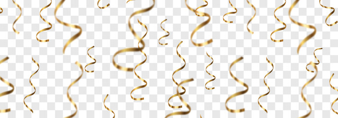 Vector realistic gold serpentine, falling spiral serpentine isolated on png background. Vector flying luxury serpentine pieces. Falling curly ribbons, festive decor elements for party, birthday