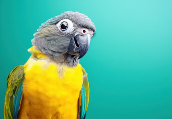 Fototapeta premium A parrot with bright yellow and green feathers stands against a turquoise backdrop, showcasing its striking facial features and inquisitive expression, revealing its lively personality.