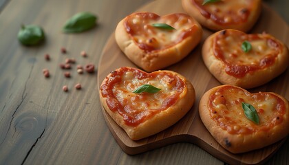 Heart-shaped mini pizzas with melted cheese and tomatoes.