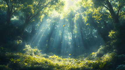 Obraz premium A serene forest scene illuminated by soft sunlight filtering through lush greenery.