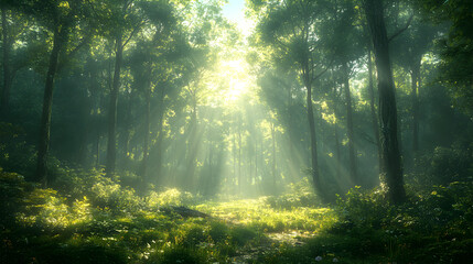 Obraz premium A serene forest scene illuminated by sunlight filtering through the trees.