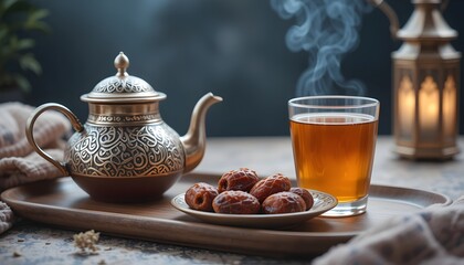 Ramadan tea setup with ornate teapot and dates for cultural hospitality-themed designs. Ideal for restaurant promotions, lifestyle campaigns, or greeting cards.