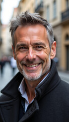 Naklejka premium Confident middle-aged man with gray hair and beard, smiling warmly on a bustling city street