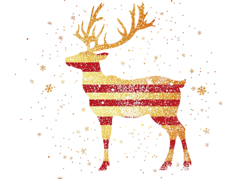 Merry Christmas, a vector graphic design with a gold and red striped text logo and reindeer in the background