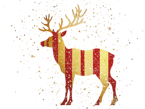 Merry Christmas, a vector graphic design with a gold and red striped text logo and reindeer in the background
