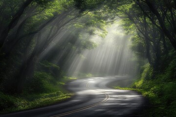 Obraz premium A road leading through the forest, with sunlight filtering down from above and creating a play of light on both sides of it