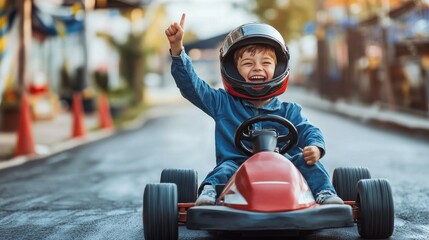 Happy laughing boy raising hand in victory after riding gokart outdoor. KId having fun and driving toy race car on street. Child exult while riding an electric or peddle toy auto wearing pilot helmet