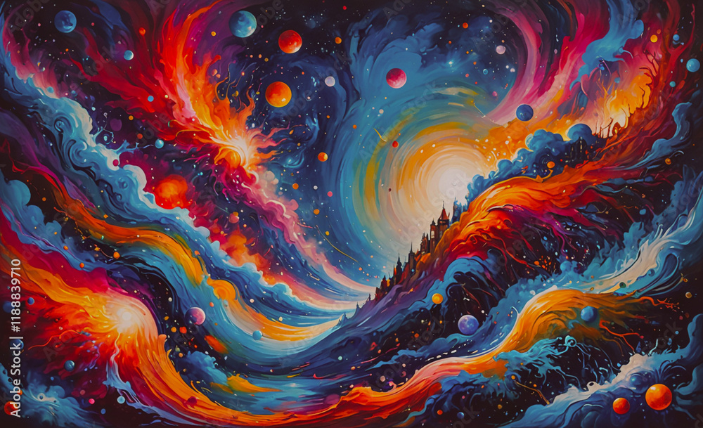 Poster painting of a colorful space with a sun in the middle. there are many planets and stars in the paint