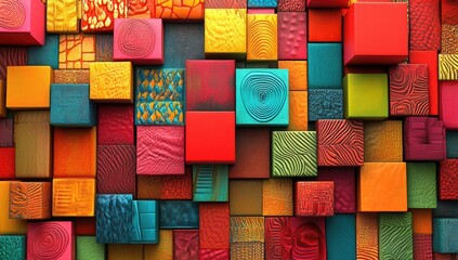 A vibrant display of colorful blocks arranged in an abstract pattern, each block featuring different textures and colors, creating a visually appealing composition.