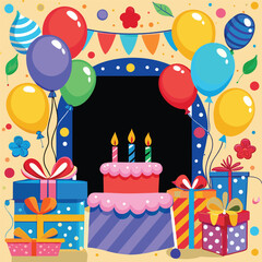 The Perfect Birthday Scene, Birthday decoration, Colorful candle, Cake, and balloons Party Celebration.
