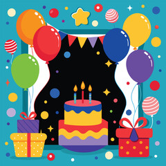 Radiant Birthday Delight, Birthday decoration, Colorful candle, Cake, and balloons Party Celebration.