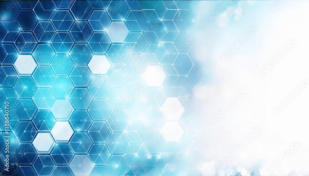 Poster abstract blue hexagonal pattern with gradient light effect, futuristic geometric design, perfect for technology background or digital interfaces