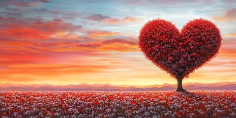 Romantic Heart Shaped Tree in Vibrant Sunset Meadow Landscape