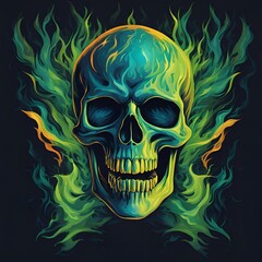 Flaming Skull Head, Green and Yellow Theme