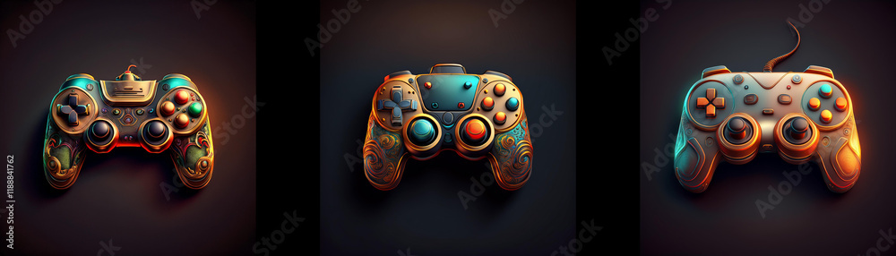 Poster three stylized game controllers, weathered and glowing, are displayed against a dark background. eac