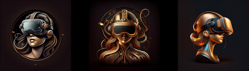 Bronze sculptures of women wearing VR headsets, futuristic and elegant, explore themes of technology and beauty.