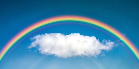 Bright Rainbow Arching Over a Fluffy White Cloud in a Blue Sky

