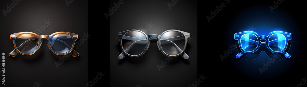 Aufkleber three stylish eyewear options are showcased against a dark backdrop, each with a distinct color and 