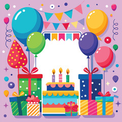 Obraz premium Vibrant Birthday Festivities, Birthday decoration, Colorful candle, Cake, and balloons Party Celebration.