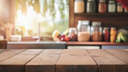 Wooden table surface, blurred kitchen background, rustic ambiance, warm lighting, shelves with jars, window with natural light, cozy home interior, food preparation area, earthy tones, soft focus, dom
