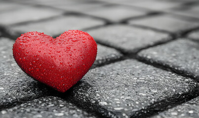 Fototapeta premium Wet red heart on cobblestones, rainy day, love