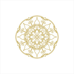 A vector illustration of a mandala silhouette with a white background. The mandala has a circular pattern with multiple layers of interlocking geometric shapes, including triangles, squares, and circl