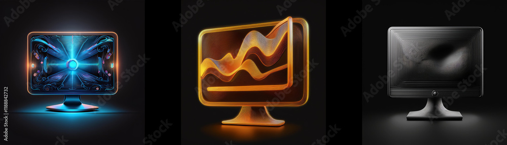 Leinwandbilder Three computer monitor icons display diverse visuals:  abstract glowing butterfly, data graph, and a dark, undefined image.  Each shows unique stylistic lighting and visual effects.