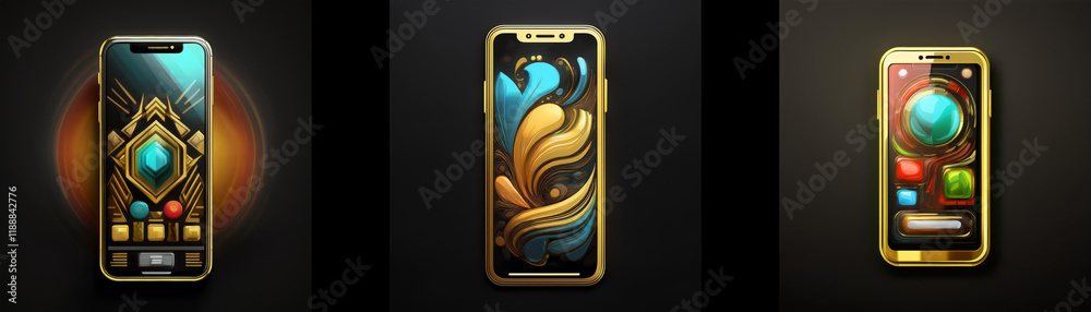 Poster Three golden smartphones display unique, vibrant designs.  Abstract patterns and glowing gems adorn each screen, showcasing digital artistry.
