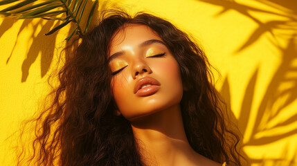 Professional photo shoot of a model woman with long hair, tropics behind