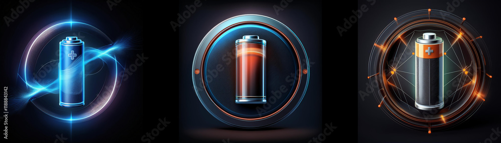 Aufkleber three battery icons, glowing with energy, displayed in circular frames with different colors and ene