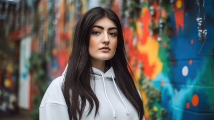 Naklejka premium Young Woman in Hoodie by Colorful Graffiti Wall