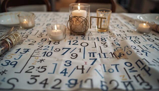 Pi-themed table setting with candles and number patterns.