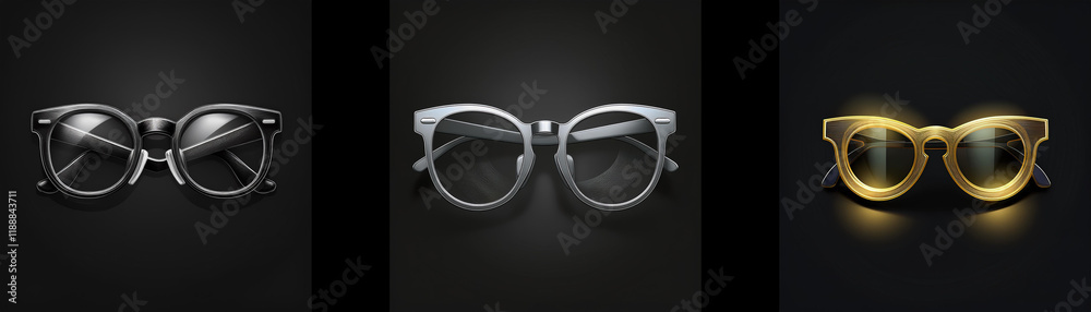 Aufkleber three stylish eyewear designs in grayscale and gold, showcasing different frame styles and materials