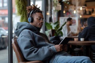 Relaxed tech worker enjoying coffee shop ambiance with tablet and headphones.