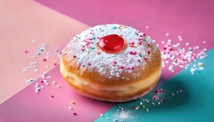 hanukkah jelly filled sufganiyah with powdered sugar and glossy red topping on a vibrant pastel background with scattered festive sprinkles