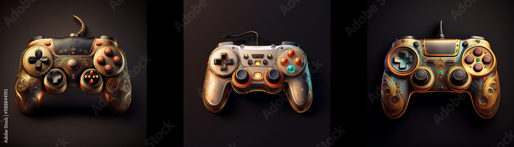 Poster three stylized video game controllers in gold, bronze, and dark hues are displayed against a dark ba