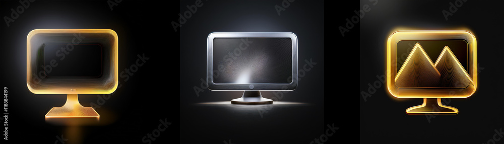 Poster three glowing computer monitors displayed against a dark background. one is gold, one silver, and on