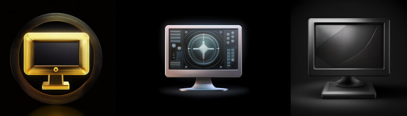 Fototapeta premium Three computer monitor icons; gold, silver, and black; displayed against a dark background. Each shows a different visual style.